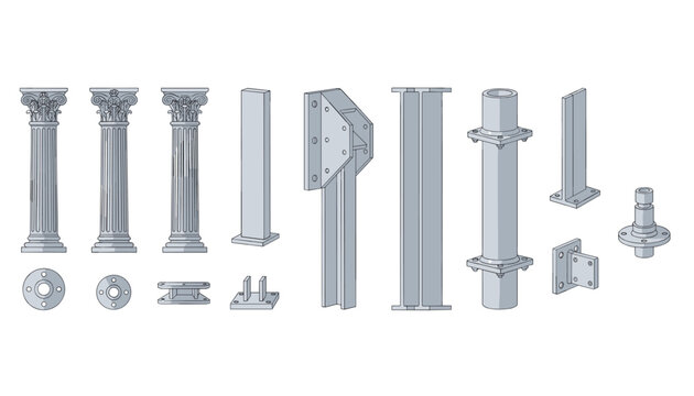 Comprehensive collection of architectural column capitals, metal flanges, pipes, and construction hardware components.