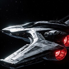 Fototapeta premium Futuristic spaceship flies through deep dark space. Sleek silver spacecraft glowing red engines for fast interstellar travel. High tech vessel explores galaxy with powerful propulsion system. Sci fi