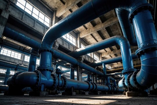 Large blue steel pipes in industrial factory plant. Massive metal pipeline system connects equipment for water gas supply. Close up view of heavy engineering infrastructure inside large concrete