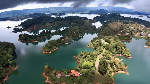 Guatap&eacute; Reservoir with Scenic Islands and Green Mountain Landscape in Antioquia, Colombia. Time Lapse. Establishing Shot. Aerial View.