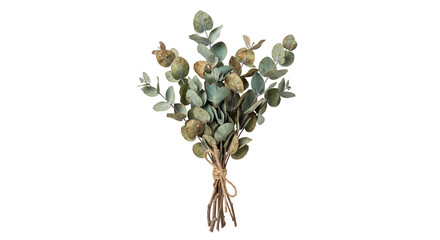 A rustic bouquet of dried eucalyptus branches tied with twine isolated on a clean white background © Ophelia