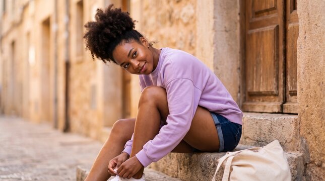 Playful woman tying sneaker on old stone doorstep wearing lavender sweatshirt