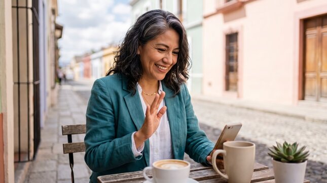 Mature woman waving during video call on smartphone at outdoor cafe table with latte