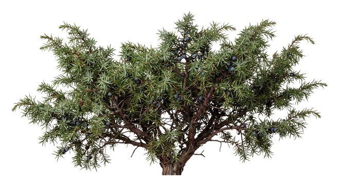 Common juniper bush with dark blue berries isolated on a clean white background for design