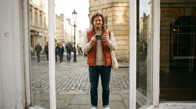 Man photographing himself in shop window reflection on historic cobblestone street
