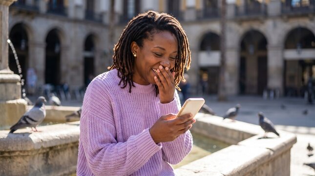 Amused woman laughing at smartphone message beside fountain with pigeons in plaza