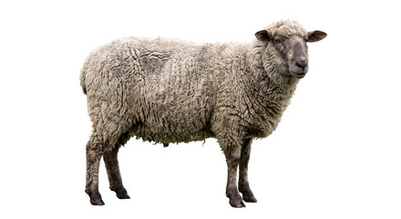 Full body side view of a fluffy sheep standing isolated against a clean white background © Ophelia