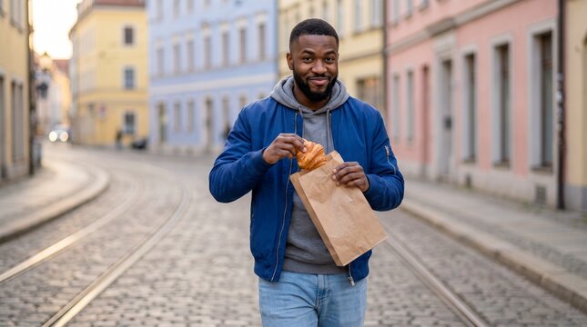 Content man walking cobblestone tram street eating croissant from paper bag