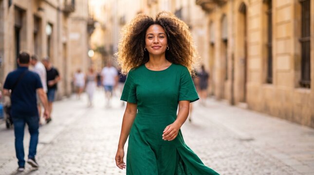 Confident woman walking through crowded old town street in flowing green dress