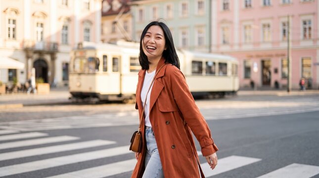 Carefree woman in rust trench coat laughing while crossing street near vintage tram