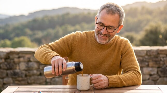 Contemplative mature man pouring coffee from steel thermos on terrace with hill view