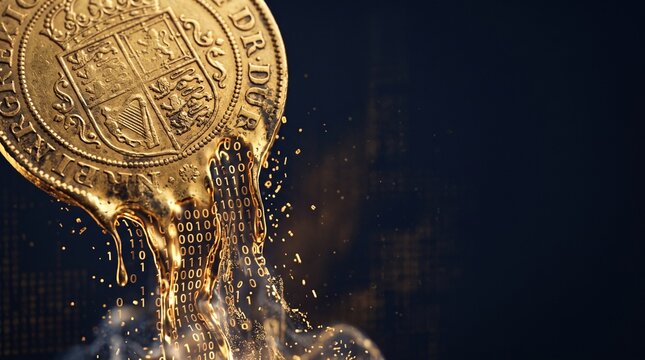 Vintage Gold Coin Melting Into Digital Binary Code Data Streams