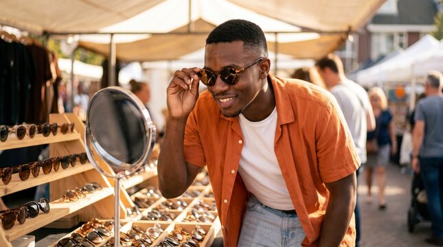 Curious man trying on tortoiseshell sunglasses at outdoor market stall with mirror
