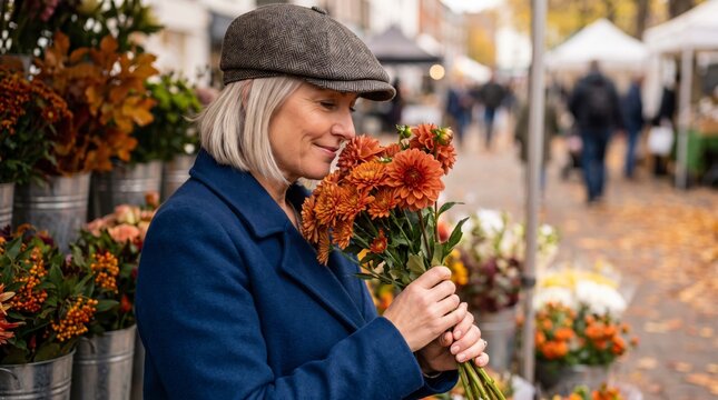 Content senior woman smelling bouquet of orange dahlias at flower market stall