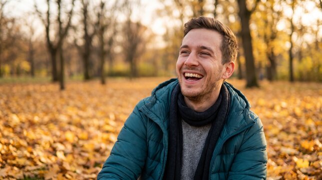 Laughing man sitting in autumn park surrounded by fallen leaves wearing teal puffer jacket
