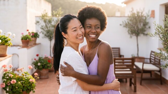 Two women hugging affectionately on whitewashed mediterranean terrace with olive trees