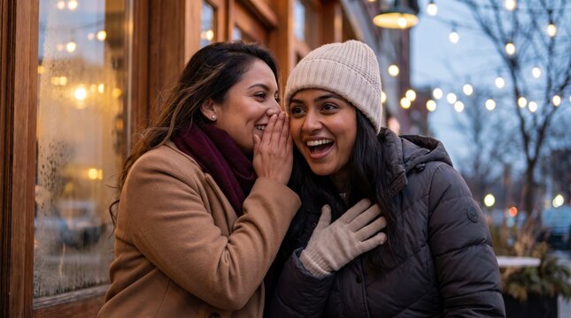 Two friends sharing exciting secret outdoors on winter evening with string lights