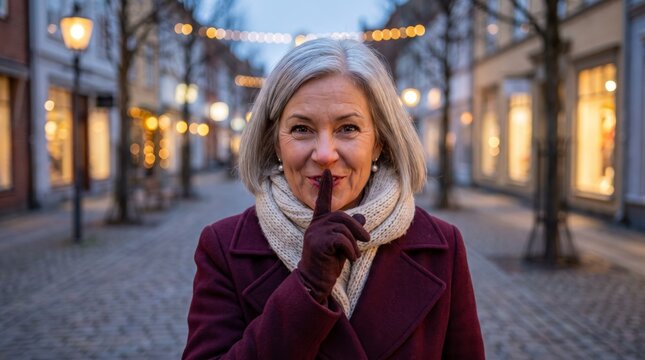 Mysterious senior woman making shush gesture in winter evening street with warm lights
