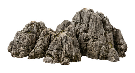 Large jagged limestone rock formation isolated on white background for landscape design projects © Ophelia
