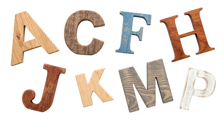 Collection of decorative wooden letters isolated on a clean white background for typography © Ophelia