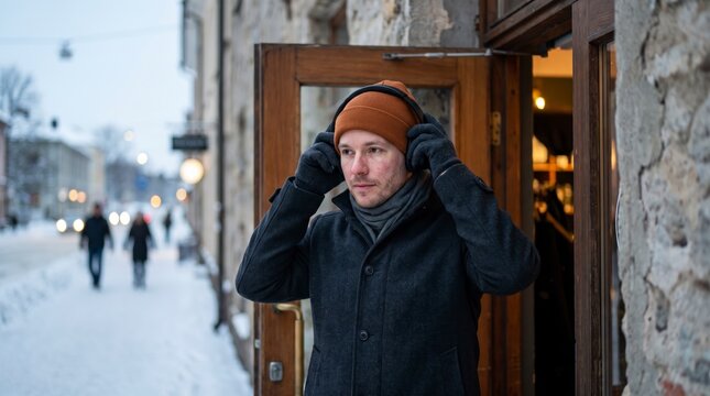 Focused man putting on headphones in winter coat while leaving cafe on snowy street
