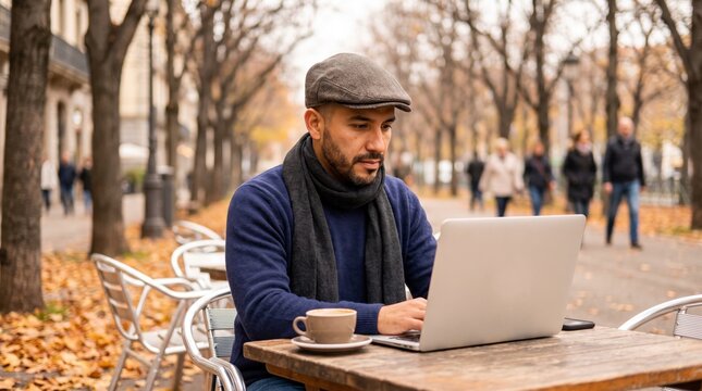 Focused man working on laptop at outdoor cafe table among autumn leaves with coffee