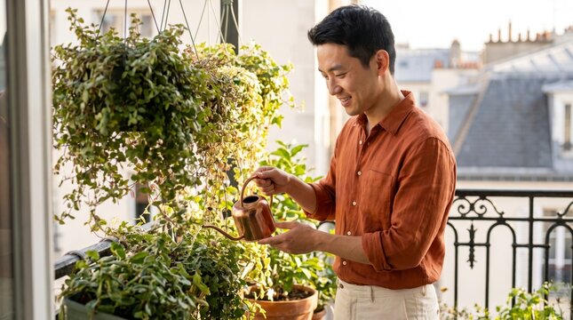 Attentive man watering hanging plants on wrought iron balcony with copper can