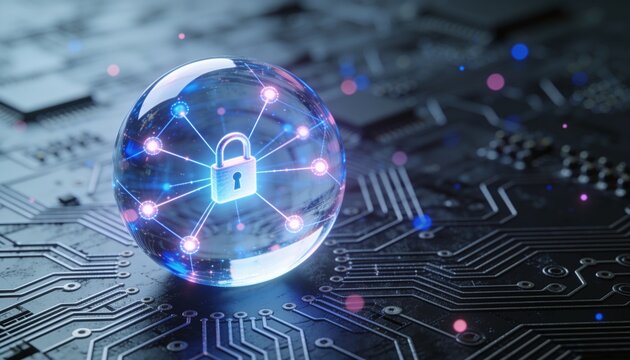 Glowing glass sphere with small padlock inside at center of dark circuit board, radial network of luminous nodes and light lines, blue and pink glow, zero trust network security 3D render