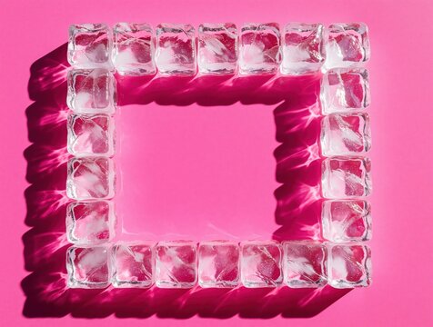 Clear ice cubes form square frame on bright pink background. Minimalist cold water blocks create geometric border pattern. Top view of frozen crystal ice with shadows on vivid magenta surface.