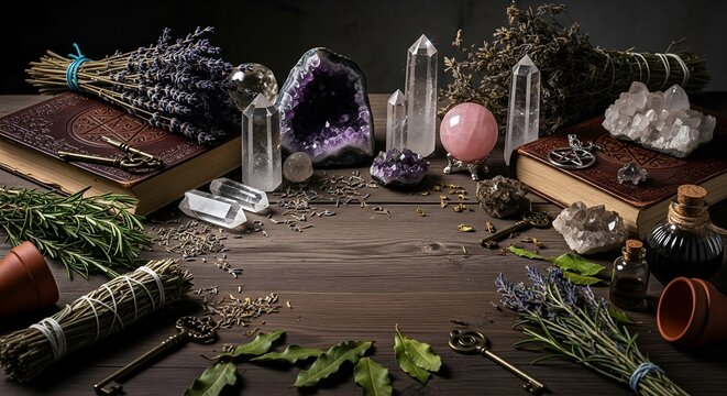 Mystical altar arrangement featuring amethyst crystals quartz points dried lavender rosemary bunches spellbooks and brass keys on dark wooden surface