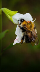 Macro photograph of a golden bumblebee clinging beneath a delicate white flower, showing fine body hairs, translucent wings and a softly blurred dark green garden background. © wondered.upon