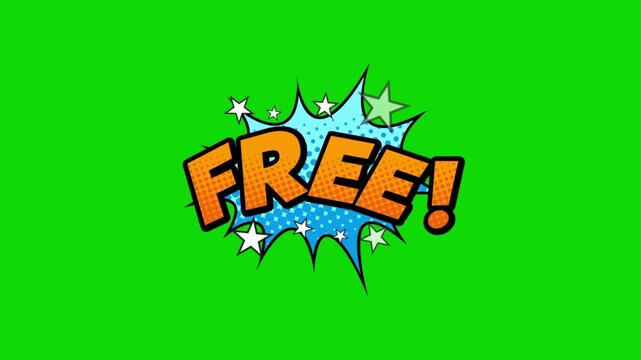 Animated comic book 'FREE' bursts with sparkling accents against green screen backgrounds