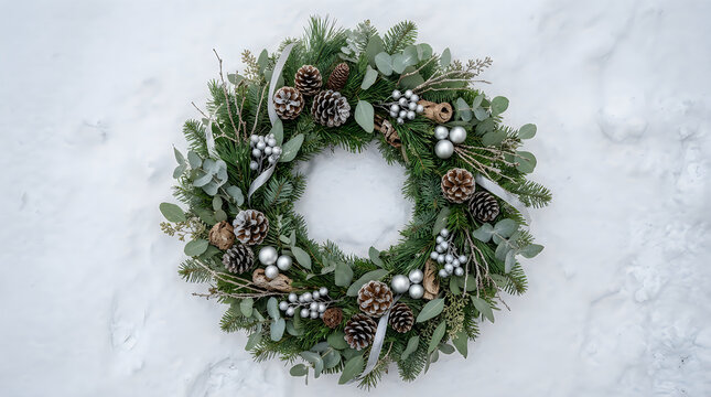 Christmas wreath with pine cones and silver berries on white marble background