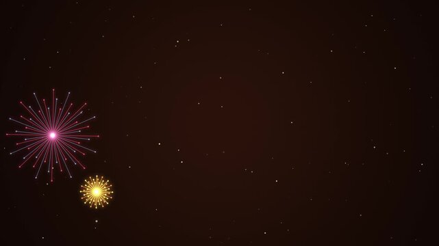 Festive fireworks explode against dark night sky.