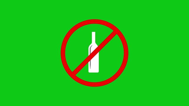 No alcohol sign animation, prohibition symbol for beverage restriction and health awareness warning with alpha channel black background. 4k video