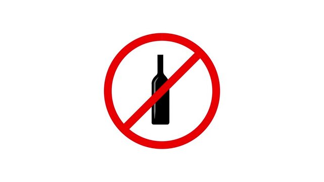 No alcohol sign animation, prohibition symbol for beverage restriction and health awareness warning with alpha channel black background. 4k video