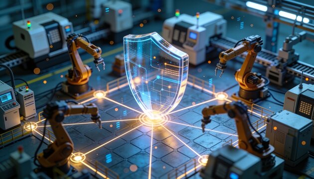 Translucent shield at center of miniature smart factory, glowing lines linking robotic arms and machines as network nodes, blue and amber glow, tilt shift industrial IoT security 3D render