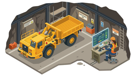 Isometric Mining Dump Truck Inside Underground Tunnel Illustration. © Jangansampai