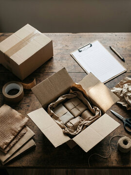 Open cardboard shipping box with brown paper packaging, tape, and scissors on a rustic wooden table