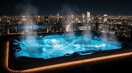 Fototapeta premium Luxury rooftop jacuzzi with hot steam at night. Modern outdoor hot tub glows blue on wooden deck. City skyline with bright lights in background. Relax in urban spa terrace for peaceful evening