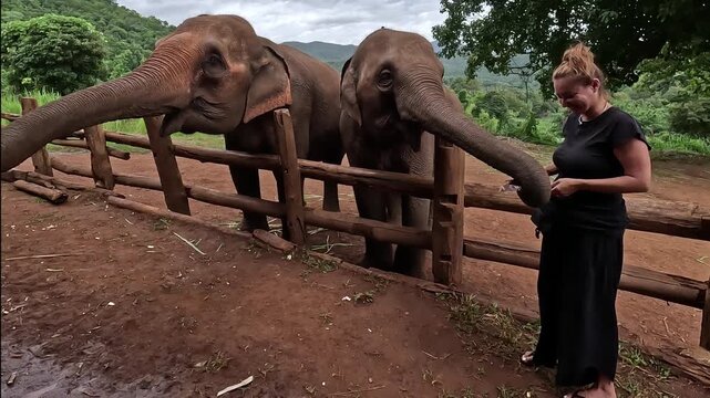 Thailand, chiang mai a compassionate woman showing care and empathy while feeding two elephants in a conservation park. Ethical tourism and wildlife protection