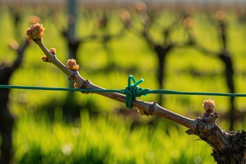Naklejka premium Close up of young grapevine bud on wooden branch. Green support wire holds vine in vineyard garden. Agricultural plant growth starts in spring during sunny morning. New sprout develops on grape plant