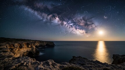 Fototapeta premium Milky Way galaxy stretches across dark night sky over ocean coast. Bright moon shines above calm sea reflecting light on water. Rocky cliffs, stone formations line shore under starry cosmos.