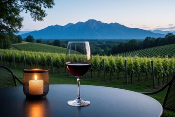 Naklejka premium Red wine glass, lit candle sit on outdoor table at vineyard. Beautiful evening landscape shows green grapevines, huge blue mountains. Peaceful sunset view over rolling hills offers romantic dinner