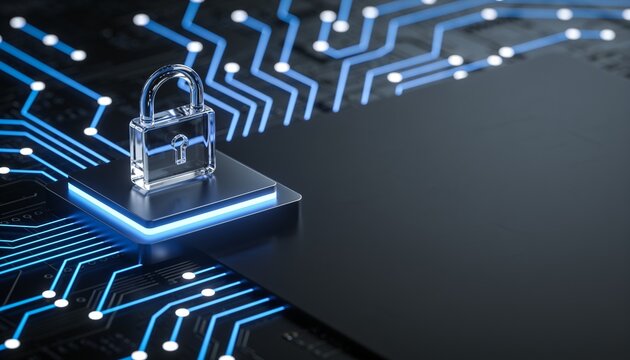 Translucent glass padlock on glowing platform in left third of frame, radial node network on dark circuit board fading into blur, dark copy space on right, cyber blue cybersecurity banner