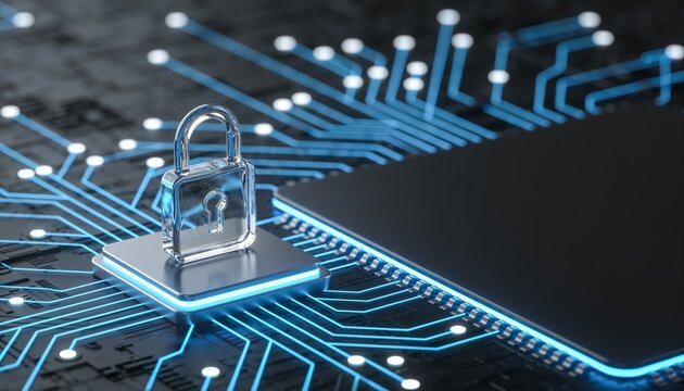 Translucent glass padlock on glowing platform in left third of frame, radial node network on dark circuit board fading into blur, dark copy space on right, cyber blue cybersecurity banner