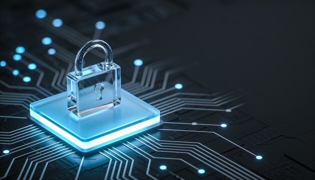 Translucent glass padlock on glowing platform in left third of frame, radial node network on dark circuit board fading into blur, dark copy space on right, cyber blue cybersecurity banner