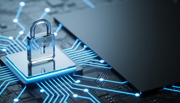 Translucent glass padlock on glowing platform in left third of frame, radial node network on dark circuit board fading into blur, dark copy space on right, cyber blue cybersecurity banner