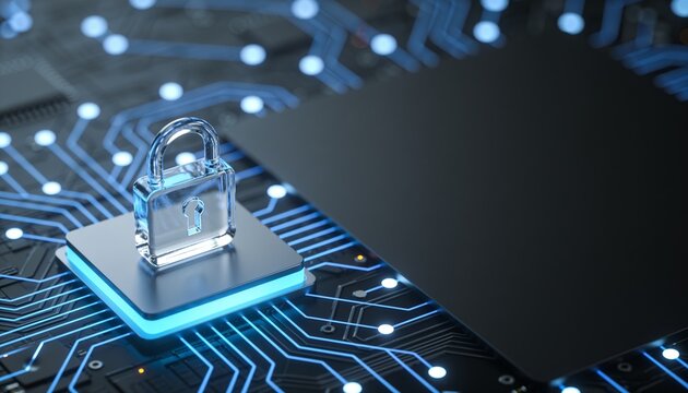 Translucent glass padlock on glowing platform in left third of frame, radial node network on dark circuit board fading into blur, dark copy space on right, cyber blue cybersecurity banner