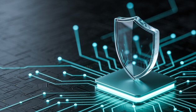 Translucent glass shield on glowing platform in right third of frame, radial node network on dark circuit board fading into blur, dark copy space on left, cyan teal cybersecurity banner